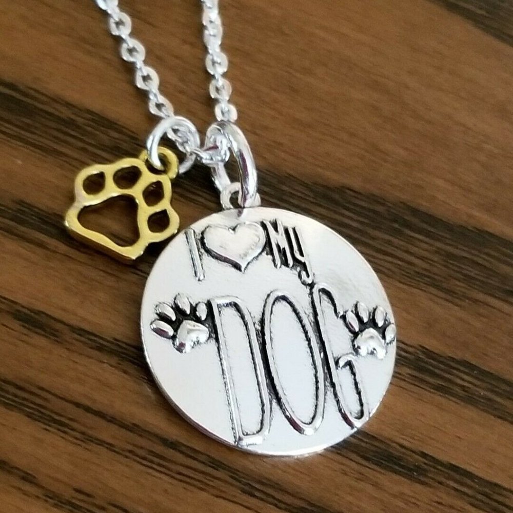 Love my Dog Charm Necklace Paw Print Silver Plated